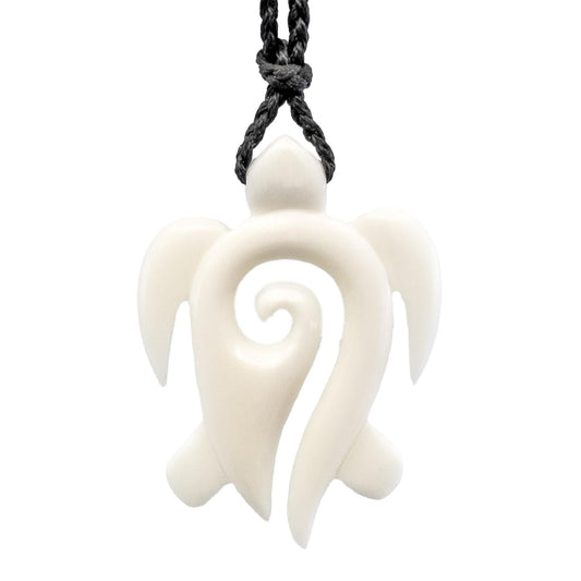 Hand-Carved Bone Honu Turtle Necklace – Māori Koru Spiral Pendant