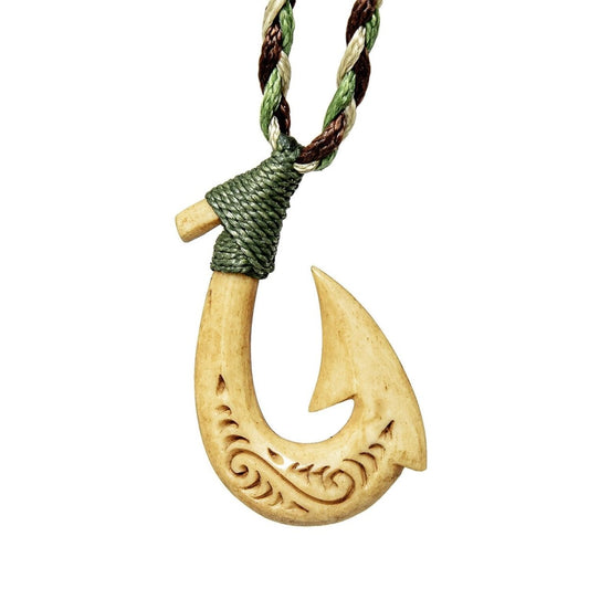 Aged Bone Hawaiian Fishhook Necklace with Scrimshaw & Adjustable Paracord - Ethically Sourced Maori Hawaiian Style ABF45PA Earthbound Pacific