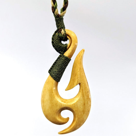Aged Bone Maori Fish Hook Necklace with Premium Binding ABFH50pb Earthbound Pacific