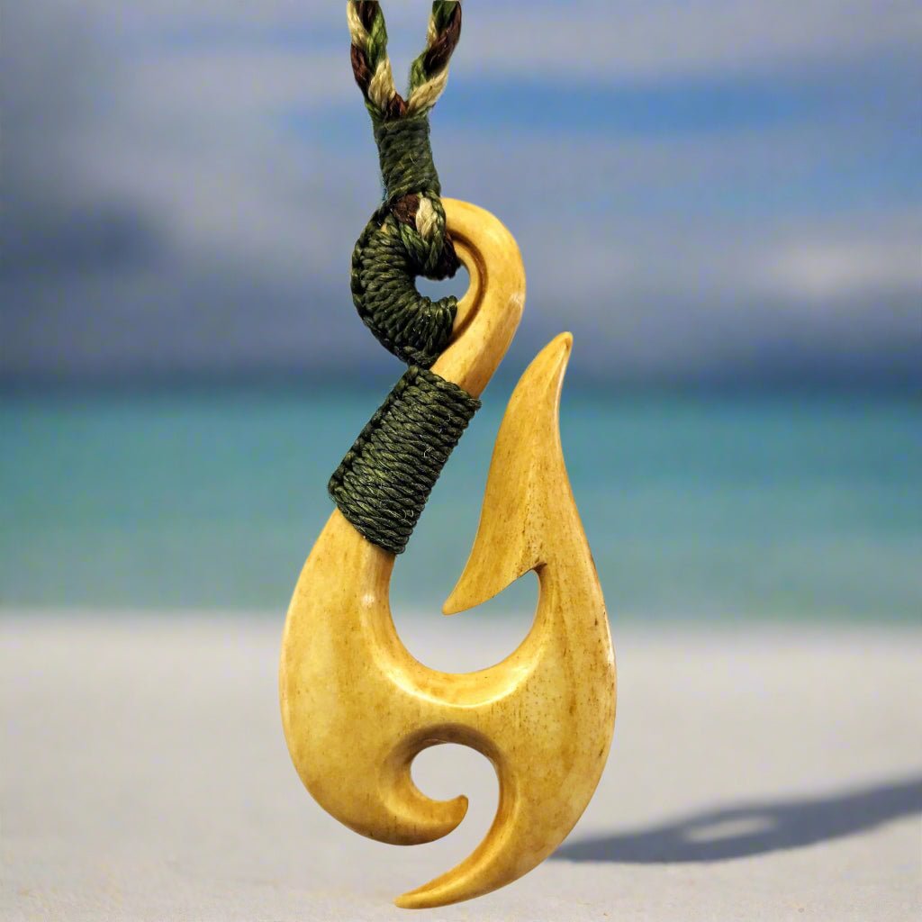 Earthbound Pacific Aged Bone Maori Fish Hook Necklace with Premium Binding Earthbound Pacific Aged Bone Maori Fish Hook Necklace with Premium Binding