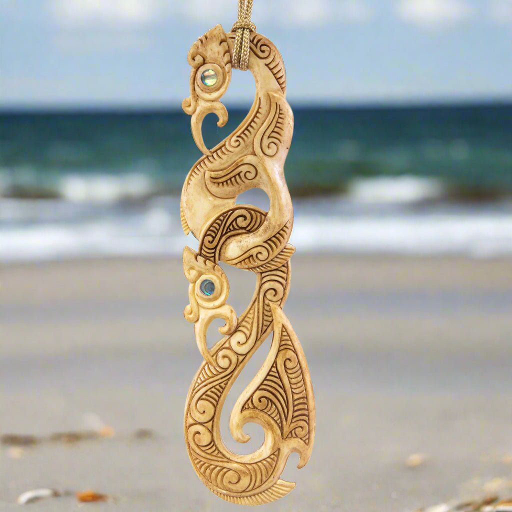 Maori Manaia Necklace Aged Bone Scrimshaw & Paua Eyes BMYP80AT Earthbound Pacific