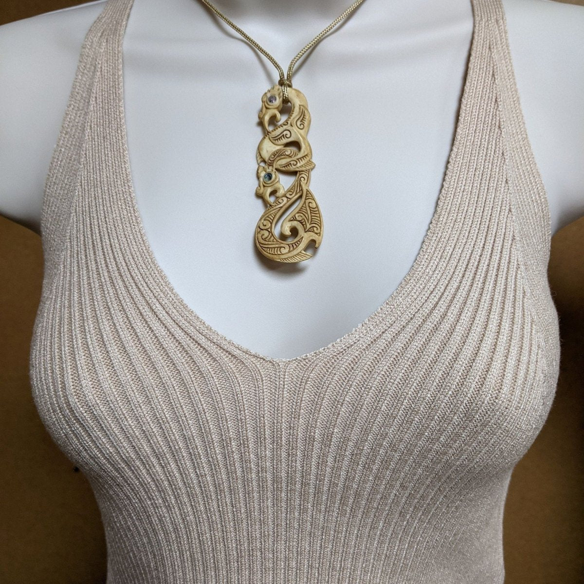Maori Manaia Necklace Aged Bone Scrimshaw & Paua Eyes BMYP80AT Earthbound Pacific