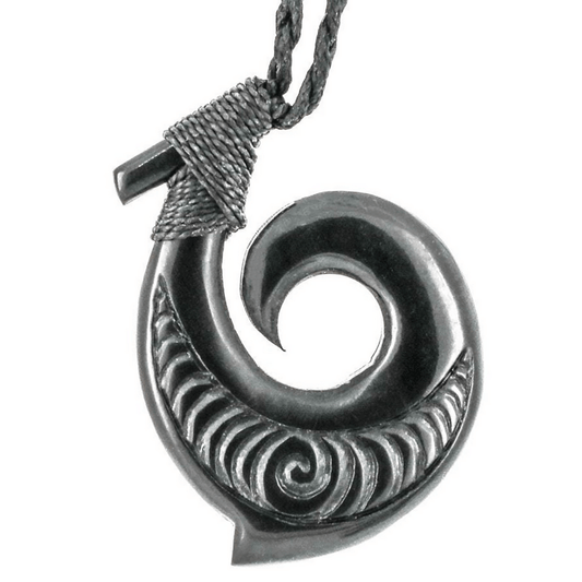 Black Horn Maori Hei Matau Fish Hook Necklace with Scrimshaw Koru FH0015hb Earthbound Pacific