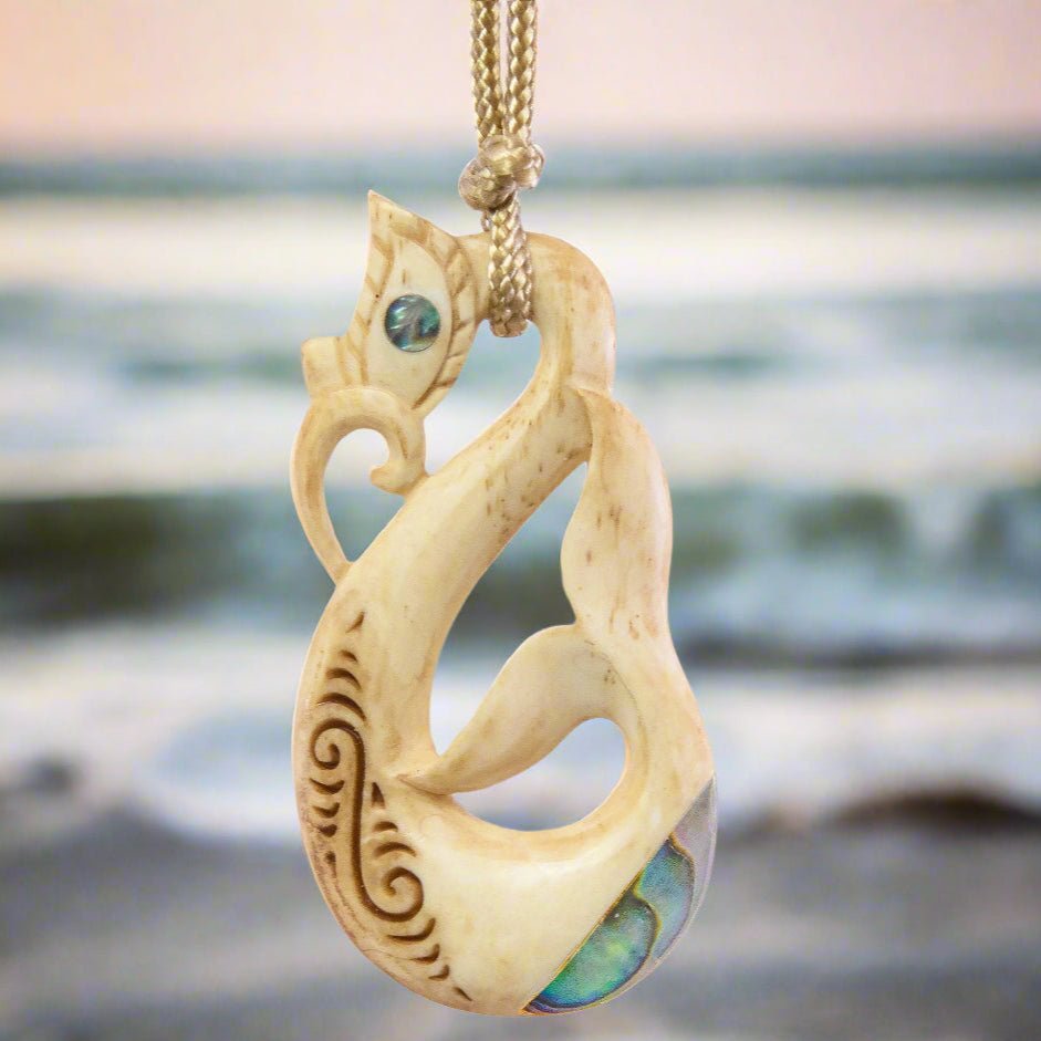 Exquisite Maori Inspired Fish Hook Necklace with Aged Bone & Scrimshaw Detail BMYAT50PB Earthbound Pacific