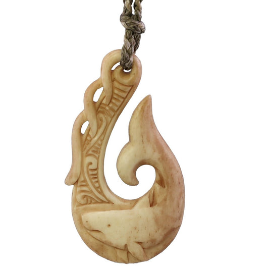 Great White Shark Design Fish hook Necklace in Aged Bone AGWSFH55M Earthbound Pacific