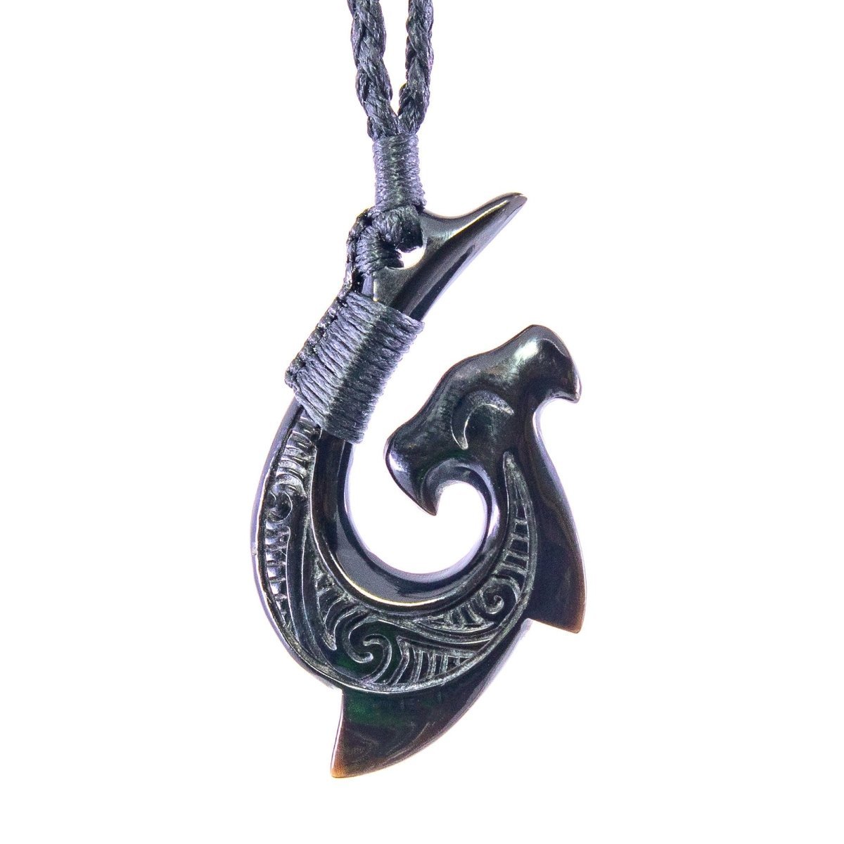 Hand - Carved Black Horn Hammerhead Shark Hawaiian Hook Necklace with Scrimshaw Art and Specialty Custom Color Binding. AHBHFH50bc Earthbound Pacific