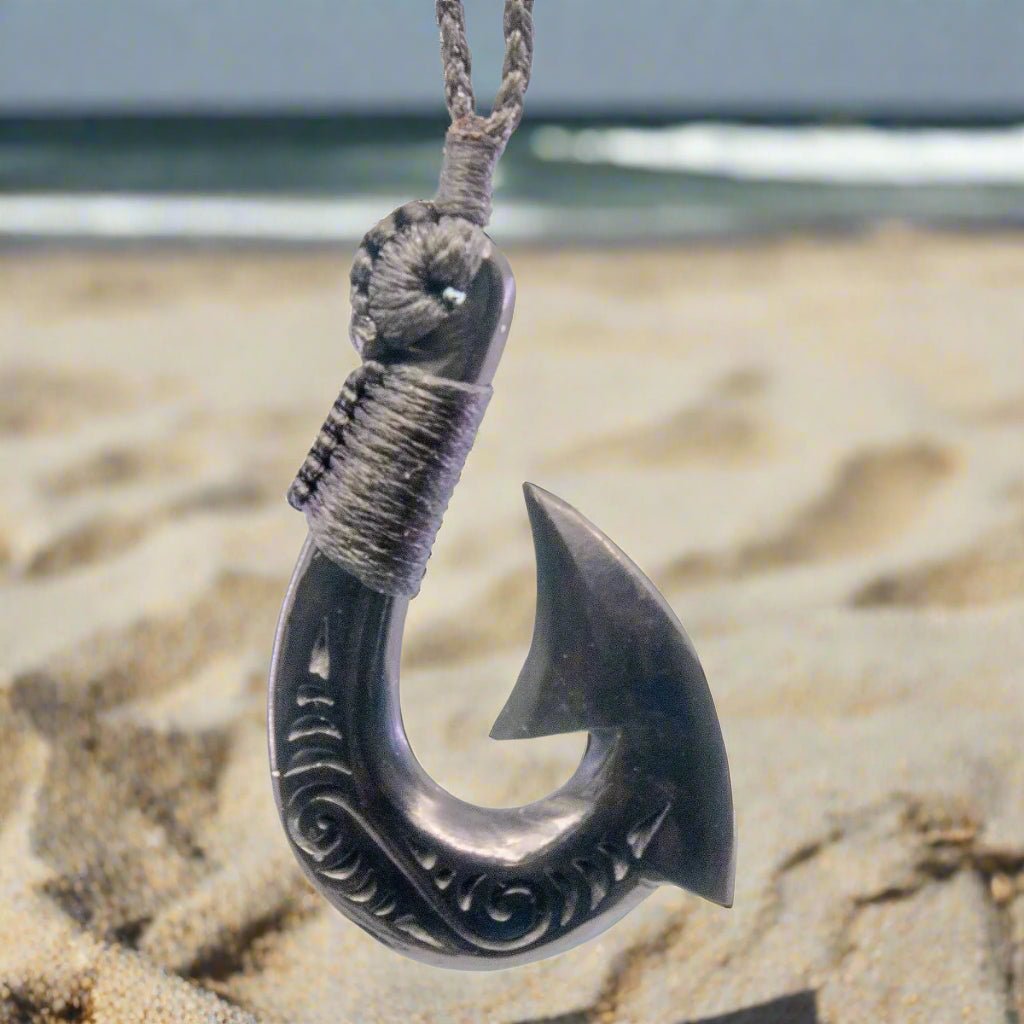catved fishing hook Hand Carved Black Horn Makau Fish Hook Necklace with Scrimshaw and Specialty Custom Color Binding Earthbound Pacific Natural