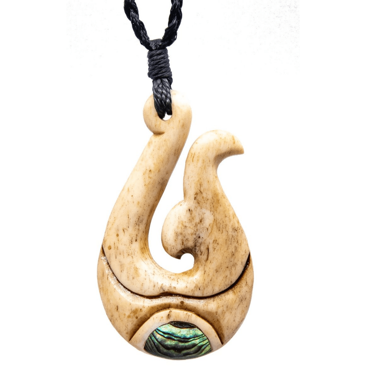 Hand Carved Bone Fish Hook Whale Tail Necklace & Paua Shell Inlay PFW055Cey Earthbound Pacific