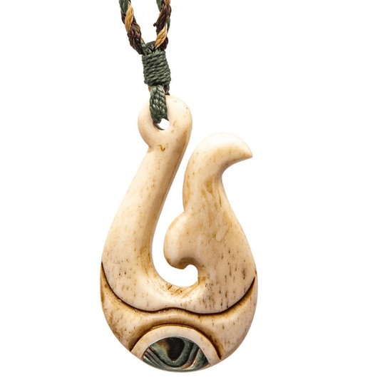Hand Carved Bone Fish Hook Whale Tail Necklace & Paua Shell Inlay PFW055Cey Earthbound Pacific
