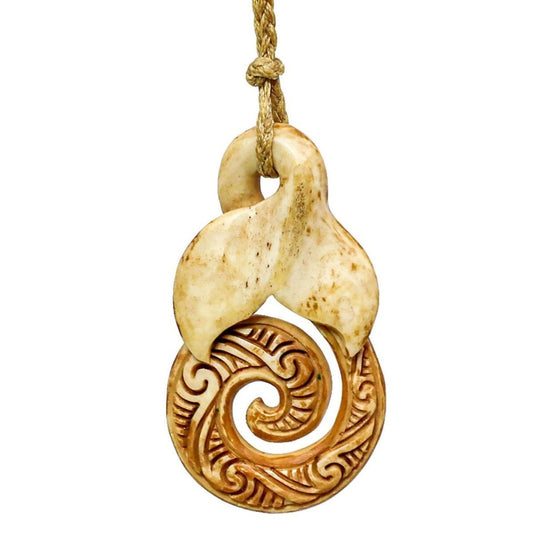 Hand Carved Bone Infinity Spiral with Stylized Whale Tail Necklace PNK545AT Earthbound Pacific