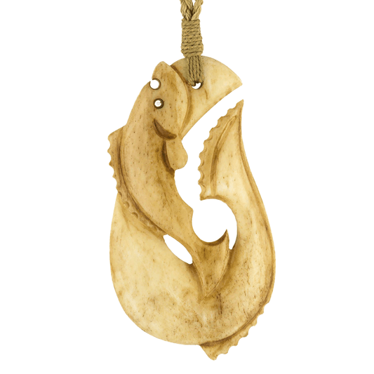 Hand Carved Pacific Salmon Design Hawaiian Fish Hook Necklace SFH5730Ey Earthbound Pacific