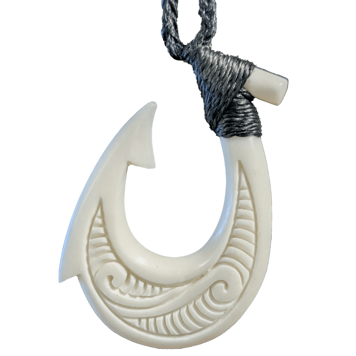 Hawaiian Makau Fish Hook Necklace Carved Bone Stylized with Two Sided Scrimshaw WBfh4832 Earthbound Pacific