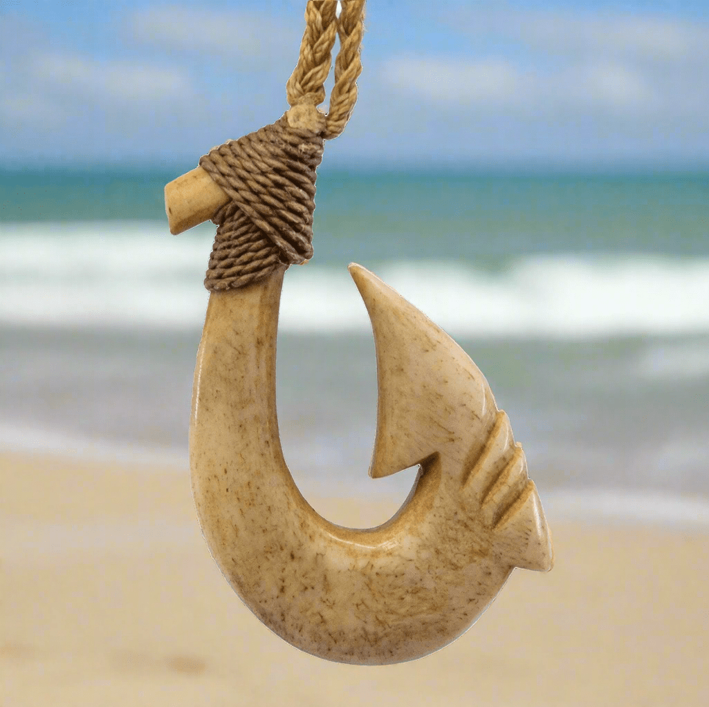 Hawaiian Makau Fish Hook Necklace, Hand - Carved Stylized Pendant BFAW452 Earthbound Pacific