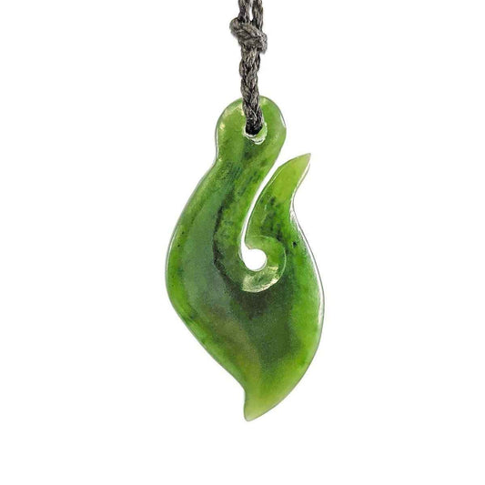 Māori Hawaiian Inspired Dark Green Nephrite Jade Fish Hook Necklace