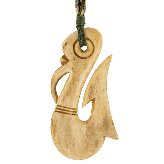 Maori Inspired Stylized Manaia Aged Bone Fish Hook Necklace ABMFH65 Earthbound Pacific