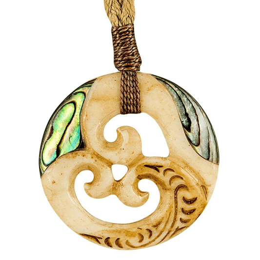 Maori Inspired Triple Koru Spiral with Paua Inlay Necklace ABTK30n Earthbound Pacific