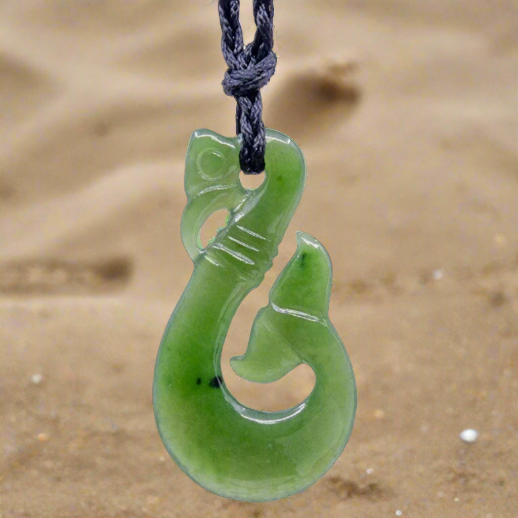 Nephrite New Zealand Maori Stylized Manaia Jade Fish Hook Necklace OCJM45B Earthbound Pacific