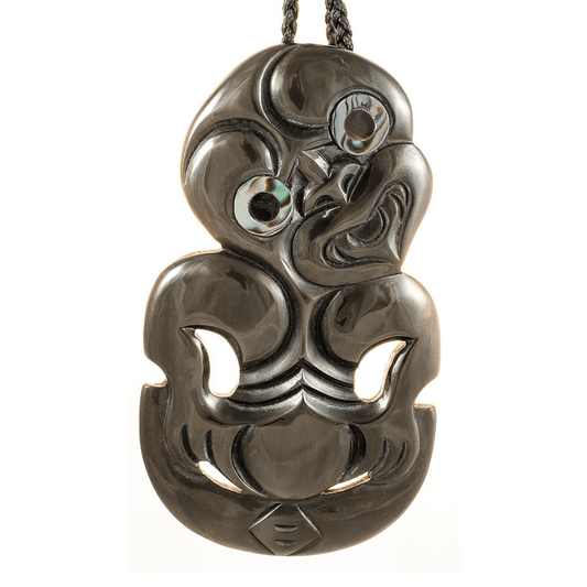New Zealand Maori Inspired Black Horn Tiki with Paua Shell Eyes Necklace BHTXL83b Earthbound Pacific