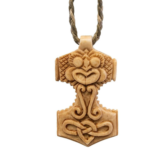 Norse Jewelry Hammer Genuine Hand Carved Antiqued Bone Pendant Necklace TH002 Earthbound Pacific