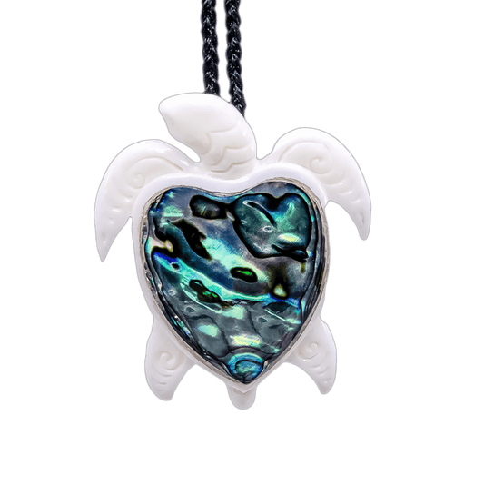 Stylized Hawaiian Sea Turtle Necklace Hand Carved Bone New Zealand Paua Shell BTBP40 Earthbound Pacific