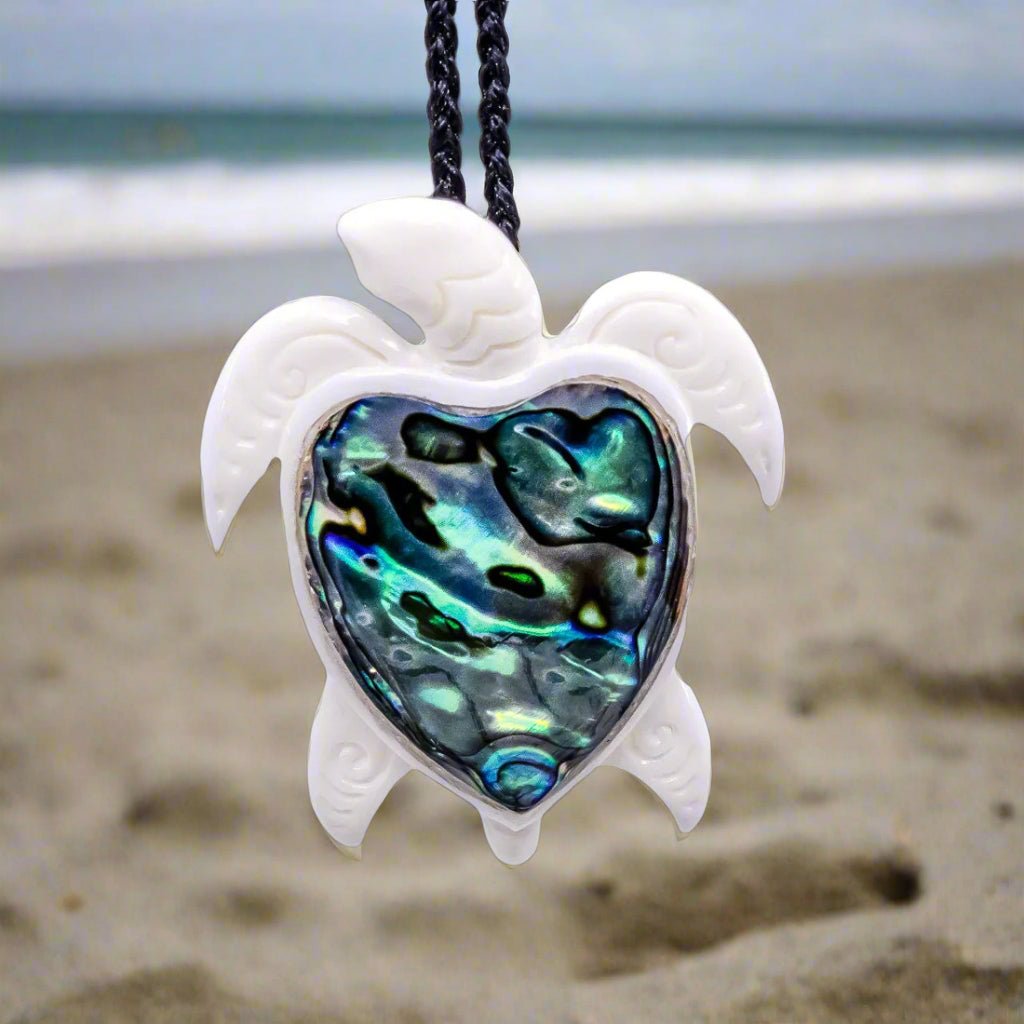 Stylized Hawaiian Sea Turtle Necklace Hand Carved Bone New Zealand Paua Shell BTBP40 Earthbound Pacific