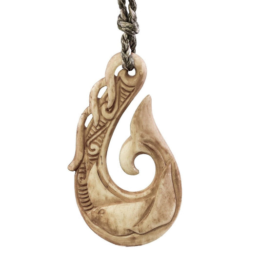 Tribal Fish Hook Necklace - Aged Bone, Stingray Inspired Pendant ABSR55M Earthbound Pacific