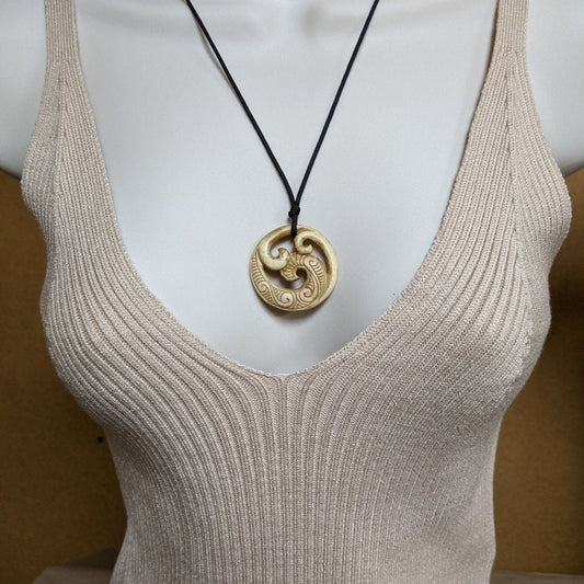 Hand Carved Aged Bone Maori Inspired Triple Koru Spiral Necklace ABKS38B2 Earthbound Pacific