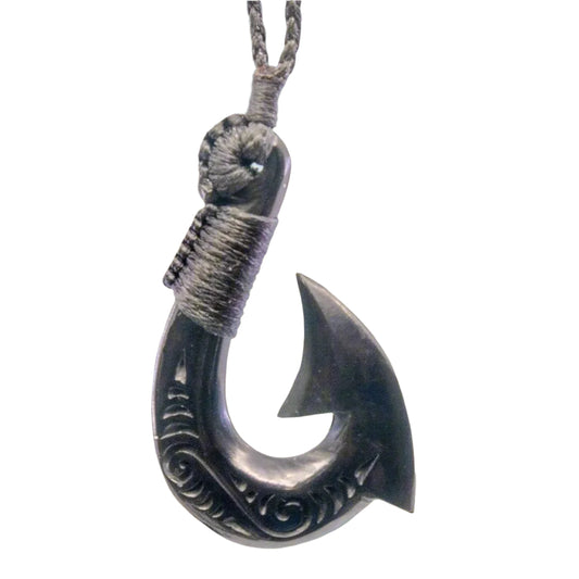 Hand Carved Black Horn Makau Fish Hook Necklace with Scrimshaw and Specialty Custom Color Binding HFHsb45 Earthbound Pacific