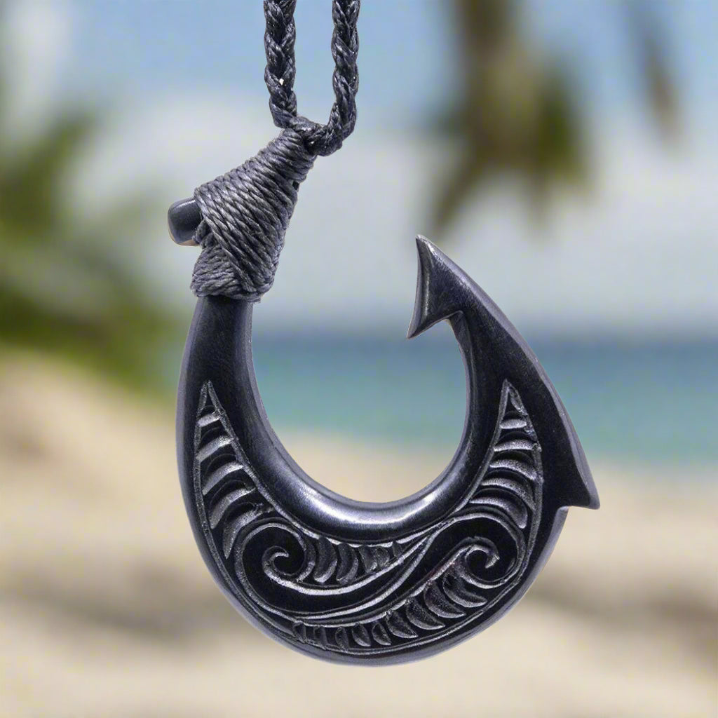 blue polynesian fish hook Hawaiian Makau Fish Hook Necklace Carved Black Horn Stylized with Two Sided Scrimshaw Earthbound Pacific Solid Tan/Beige Cord