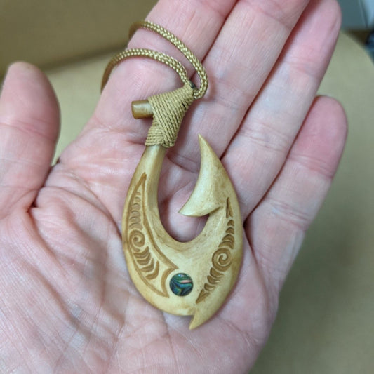Maori Inspired Bone Fishhook Necklace with Paua Shell Inlay BABFH65PA Earthbound Pacific