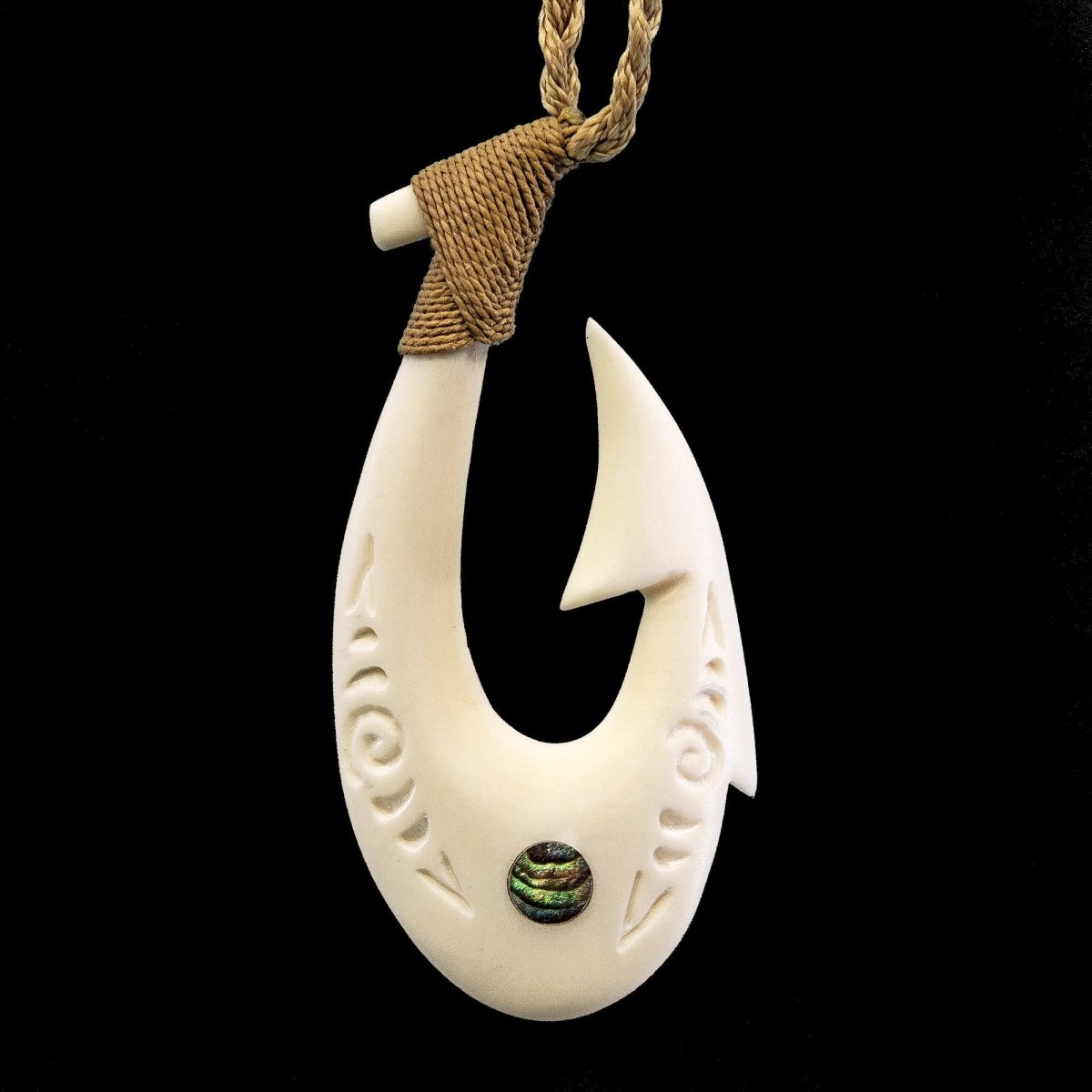 Maori Bone Fish Hook Hei Matau Necklace with Scrimshaw and Paua Shell Inlay BFH7000s Earthbound Pacific