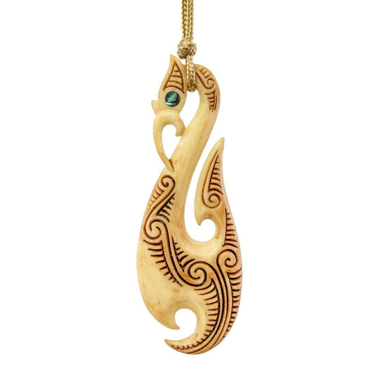 Hand Carved Bone Maori Inspired Manaia Fish hook Necklace BMY80AT Earthbound Pacific