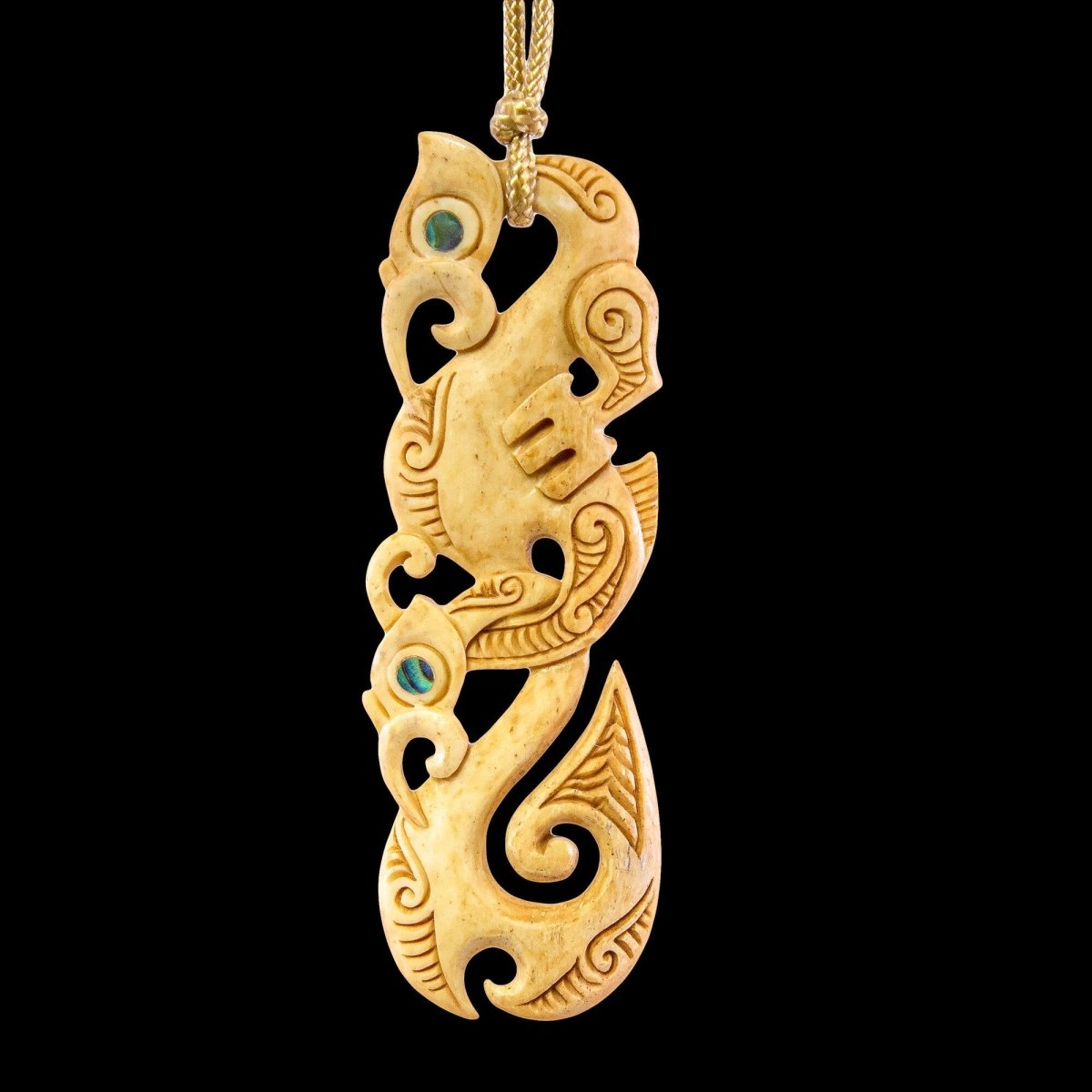 Hand Carved Bone Maori Inspired Manaia Fish Hook Necklace BMY80X2AT Earthbound Pacific