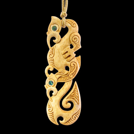 Hand Carved Bone Maori Inspired Manaia Fish Hook Necklace BMY80X2AT Earthbound Pacific