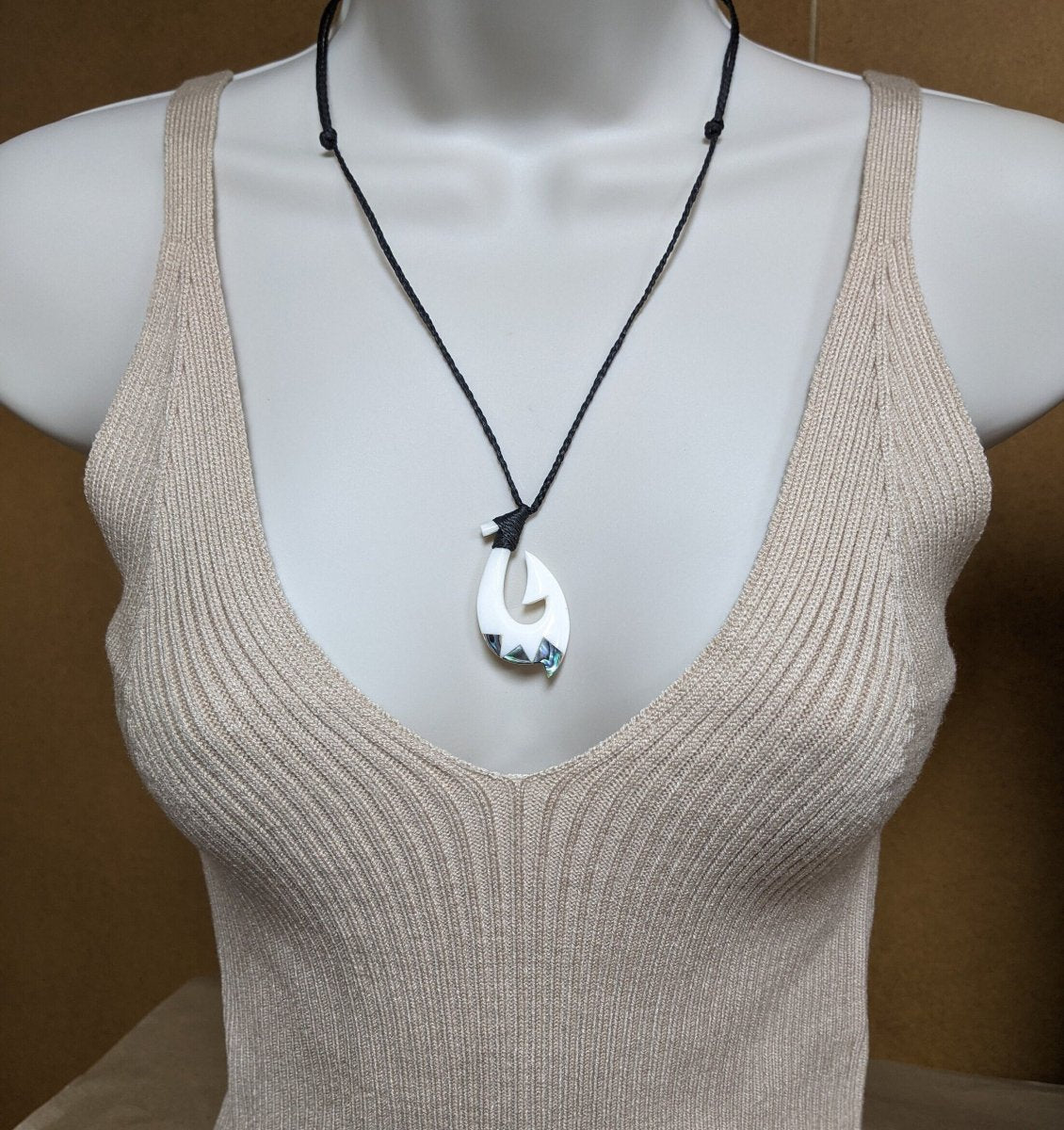 Maori Hei Matau Hook Necklace with Paua Shell Accents FHP45B Earthbound Pacific