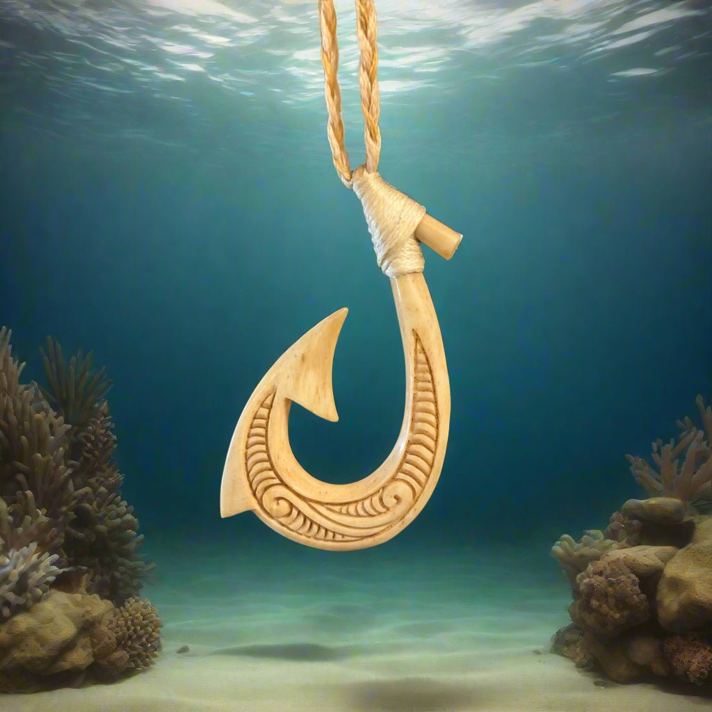 Hand Carved Hawaiian Style Two Sided Scrimshaw Fishhook Necklace ABFHS50C Earthbound Pacific