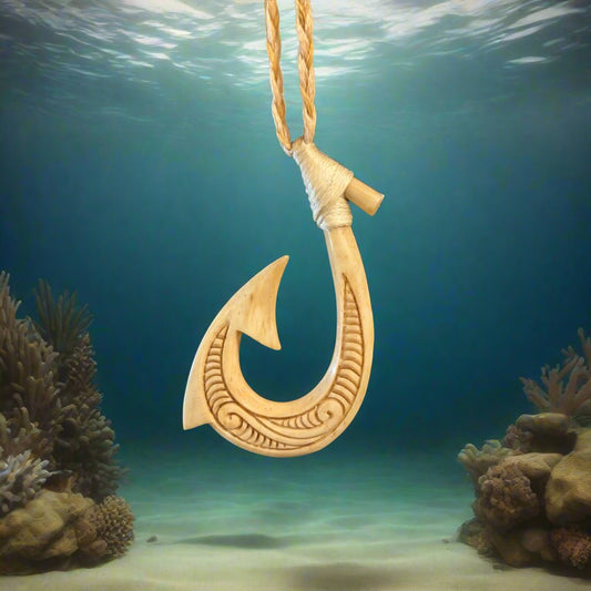 Hand Carved Hawaiian Style Two Sided Scrimshaw Fishhook Necklace ABFHS50C Earthbound Pacific
