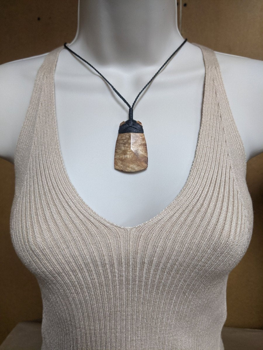 Hand Carved Maori Inspired Amboyna Burl Wood Toki Adze Strength Necklace. BWT52A Earthbound Pacific