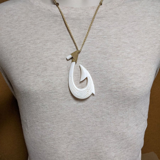 Hawaiian Fish Hook Necklace Hand Carved Bone Mega Sized XXLFH9044 Earthbound Pacific