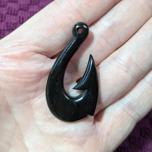 Natural Black Horn Stylized Makau Hawaiian Fish Hook Necklace BHFH4525BC Earthbound Pacific