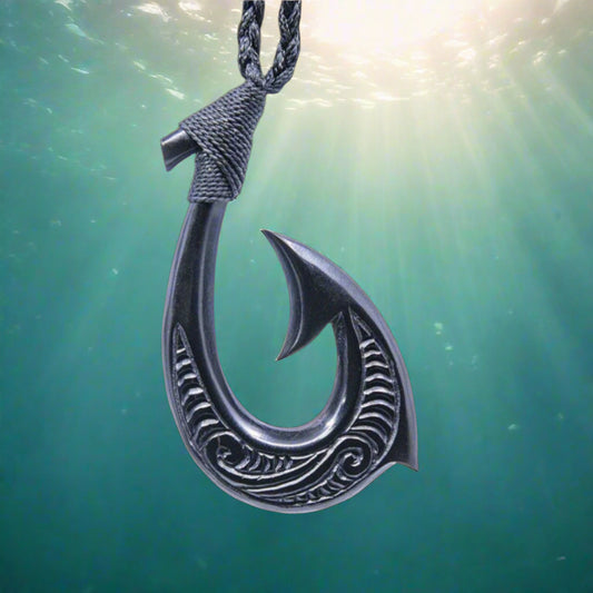Hand Carved Natural Large Black Horn Hawaiian Fish Hook Necklace with Scrimshaw and Custom Binding Options BHFH6034B Earthbound Pacific