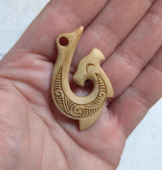 Hawaiian Aged Bone Hammerhead Shark Fish Hook Necklace with Scrimshaw and Camo Cord.