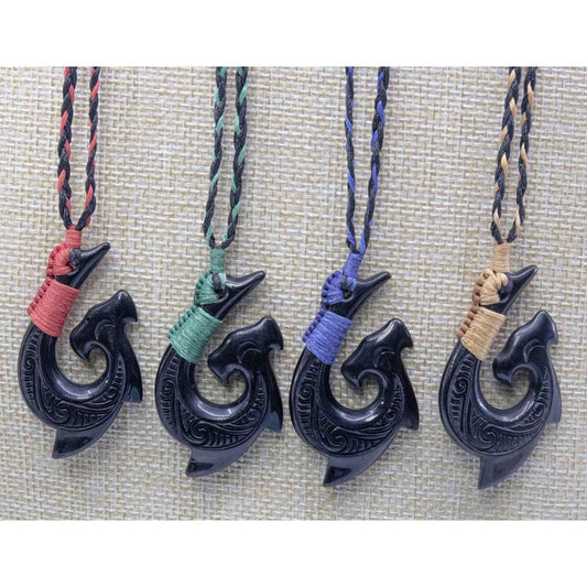 Hand-Carved Black Horn Hammerhead Shark Hawaiian Hook Necklace with Scrimshaw.