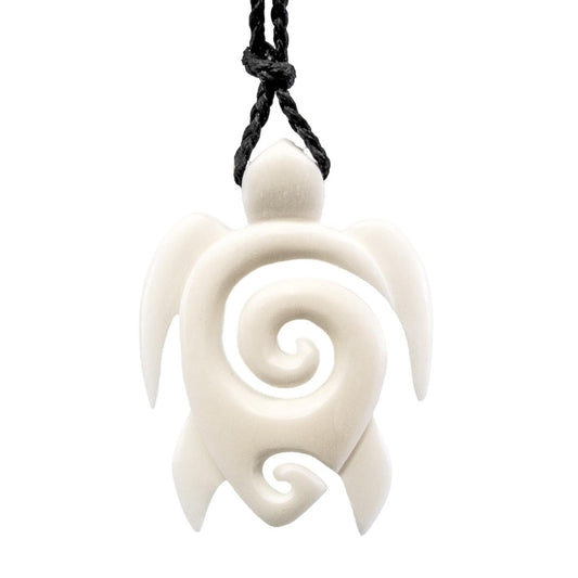Hawaiian Bone Stylized Sea Turtle with Koru Spiral Necklace BTK42W Earthbound Pacific