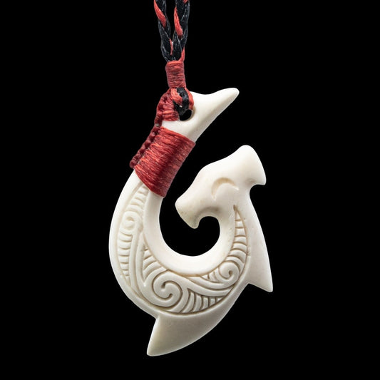 Hawaiian Fish Hook Necklace | Hammerhead Shark Inspired Design in Hand Carved Bone WBHHS001 Earthbound Pacific