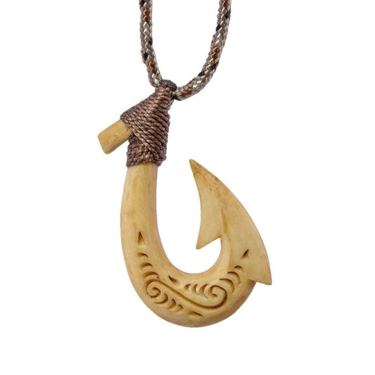 Earthbound Pacific | Hawaiian Fish hook Hei Matau Necklace | Hand-Carved Bone with Scrimshaw Detailing | Adjustable Cord | Authentic StyleFish hook Necklaces