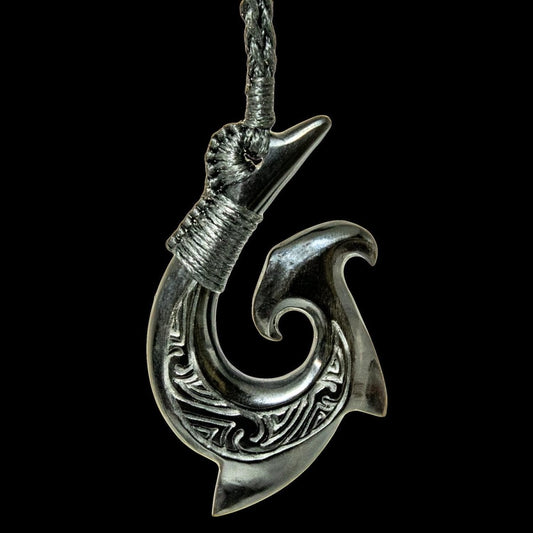 Black Horn Stylized Hammerhead Shark Hawaiian Fish Hook Necklace AHBHFH50b Earthbound Pacific