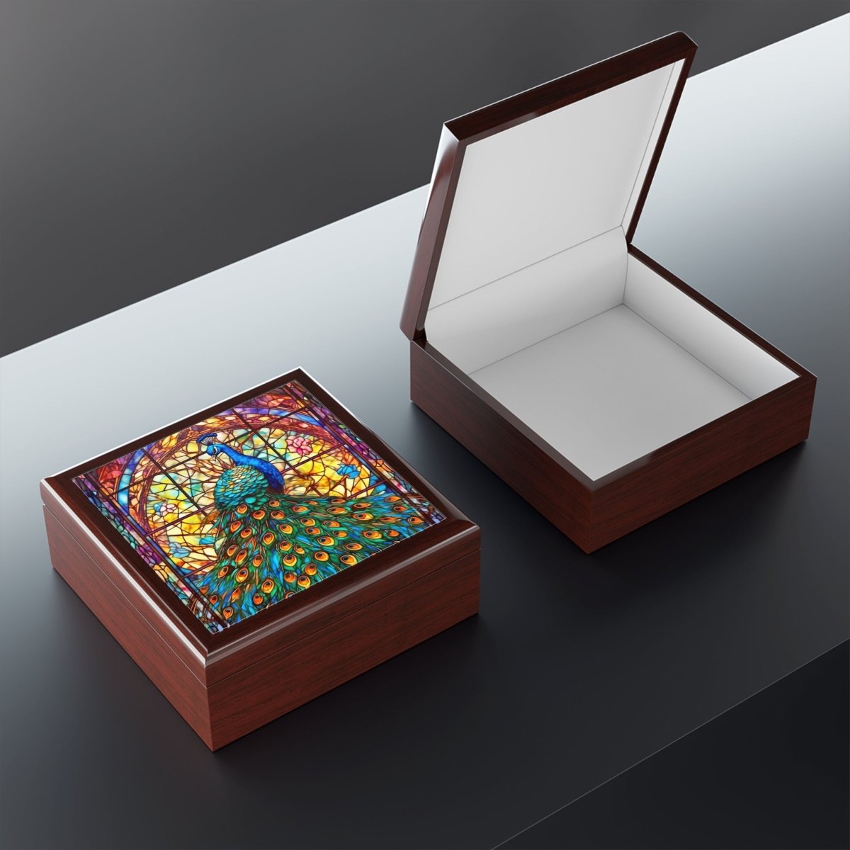 Jewelry Box, Colorful Stained Glass Inspired Peacock 32725698497363248332 Earthbound Pacific