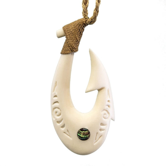 Maori Bone Fish Hook Hei Matau Necklace with Scrimshaw and Paua Shell Inlay BFH7000s Earthbound Pacific