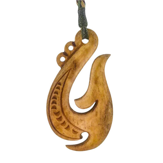 Maori Hei Matau Fish Hook Necklace | Hand Carved Aged Bone ABFH63B Earthbound Pacific